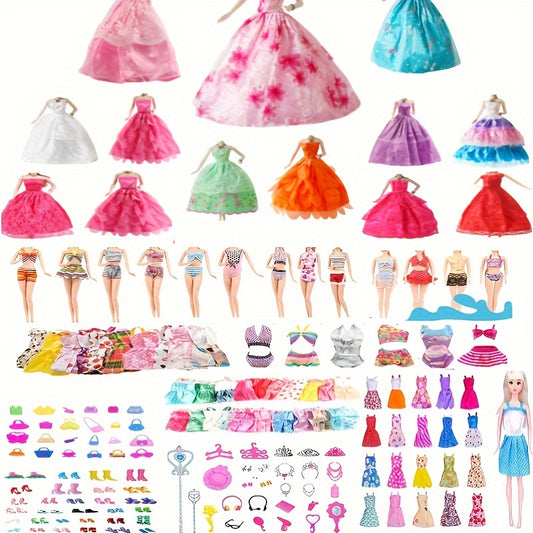 57pcs Doll Clothes & Accessories: 5 Wedding Dresses, 3 Swimsuit, 4 Short Skirts