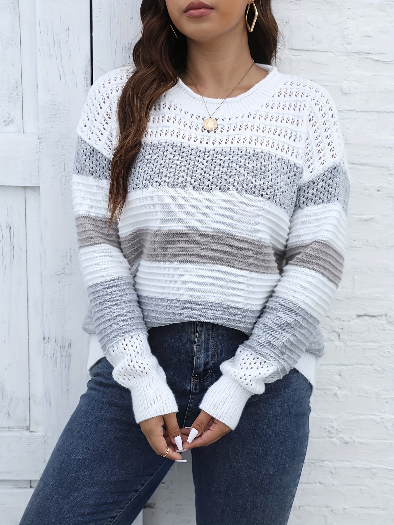  Colorblock Casual Sweater Long Sleeve Round Neck Jumper
