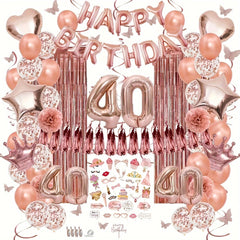 40th Rose Golden Happy Birthday Theme Set Props Balloon Rain Curtain Pull Flag