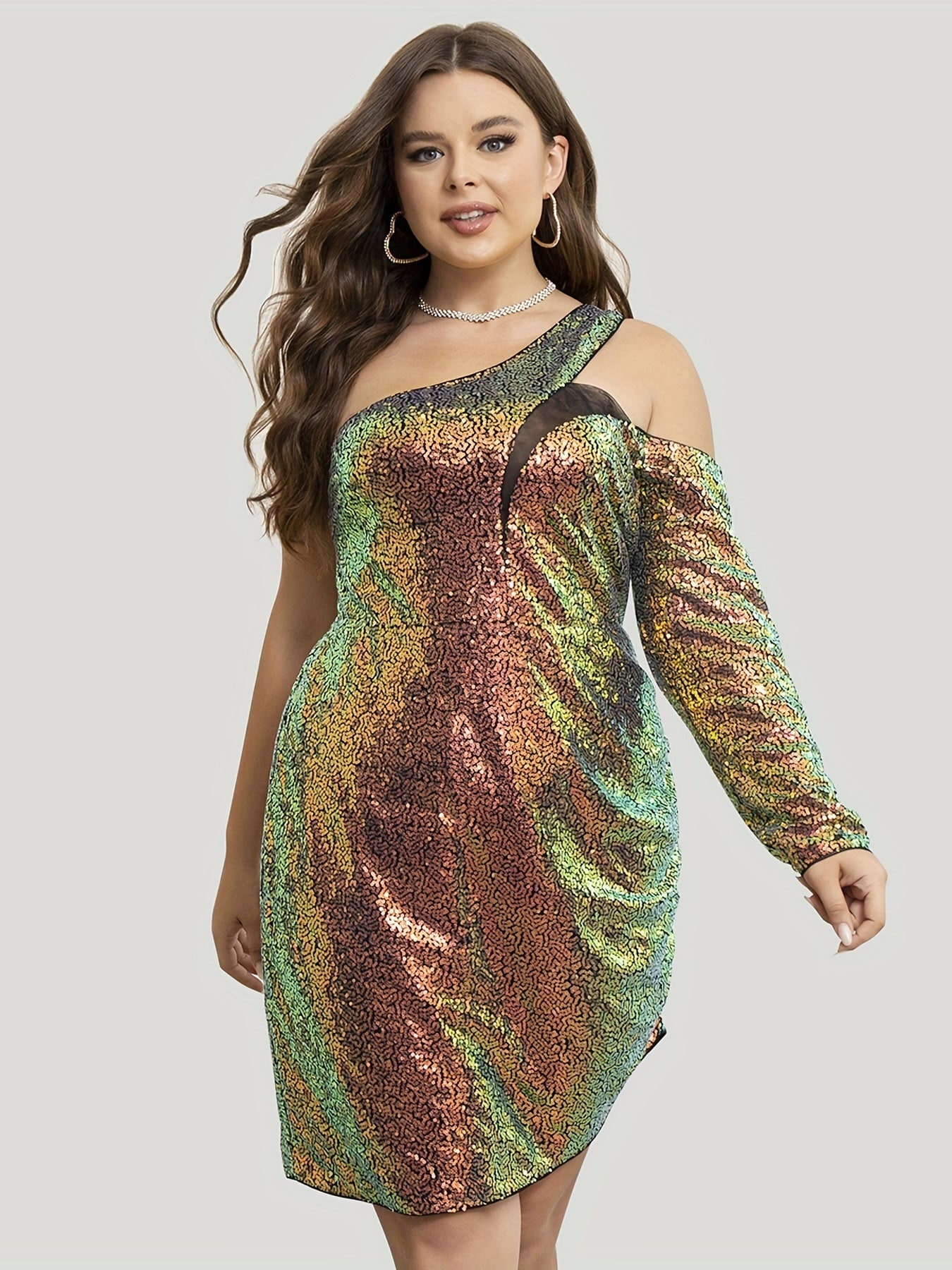  Sequins One Shoulder Cut Out Long Sleeve Midi Dress