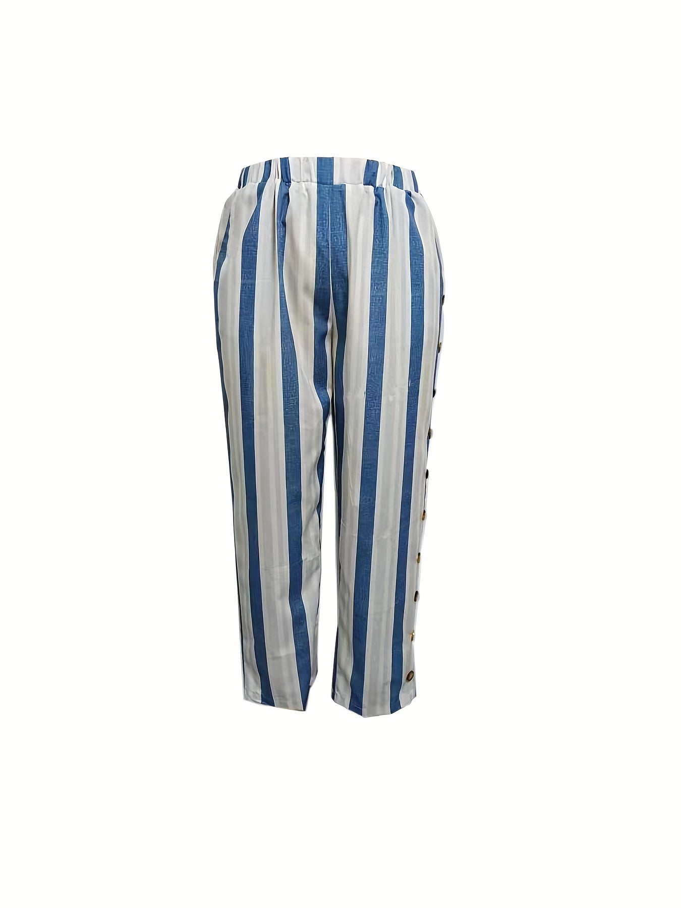  Stripe Print Button Decor Elastic High Rise Loose Fit Trousers