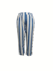  Stripe Print Button Decor Elastic High Rise Loose Fit Trousers