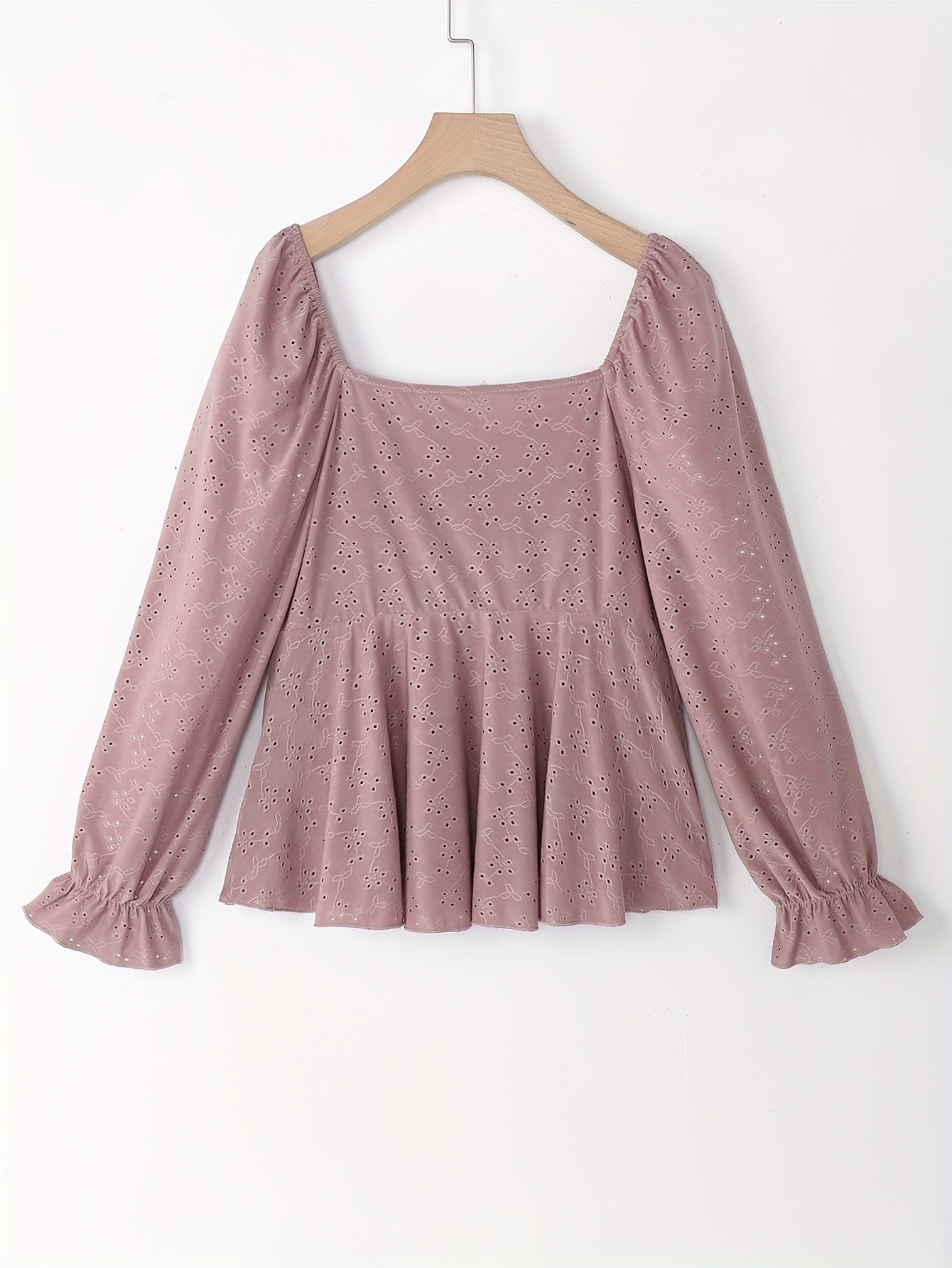  Eyelet Embroidery Flounce Sleeve Peplum Top