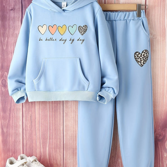 Girl's Heart Pattern Hoodie & Sweatpants 2pcs Set for Spring Fall