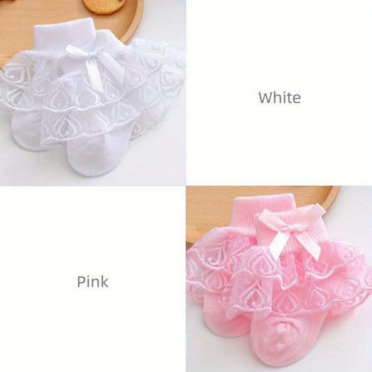 2pairs Lace Bow Ruffled Socks for Baby Girls