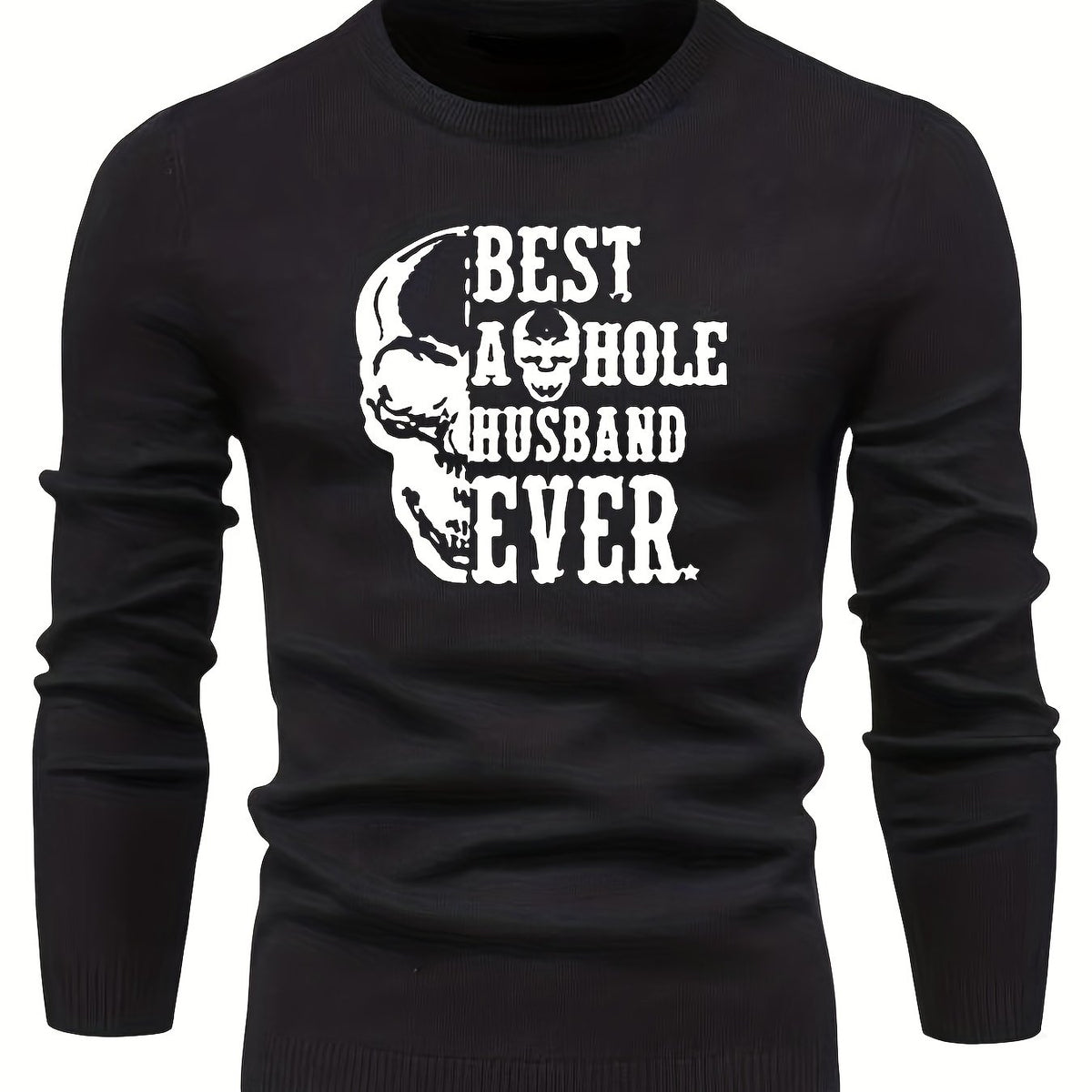 Skull & Letter Print Sweater Men's Casual Retro Style Mid Stretch Crew Neck Pull