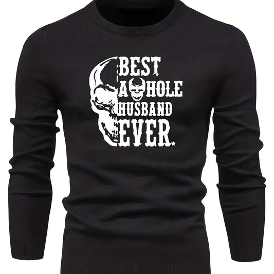 Skull & Letter Print Sweater Men's Casual Retro Style Mid Stretch Crew Neck Pull