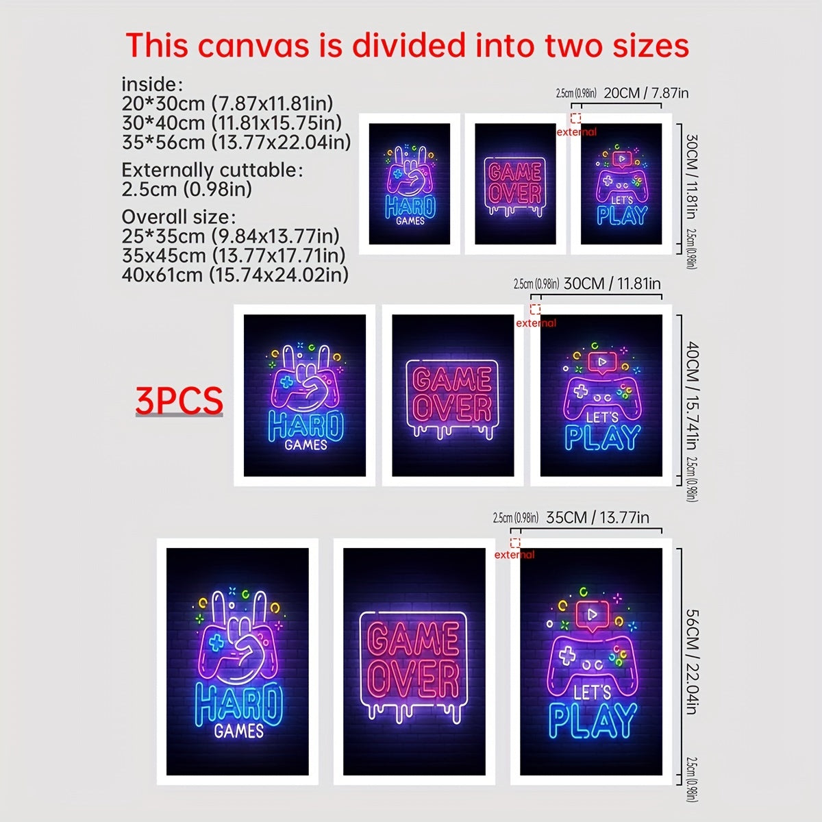 3pcs Abstract Game Controller & English Letter Canvas Prints