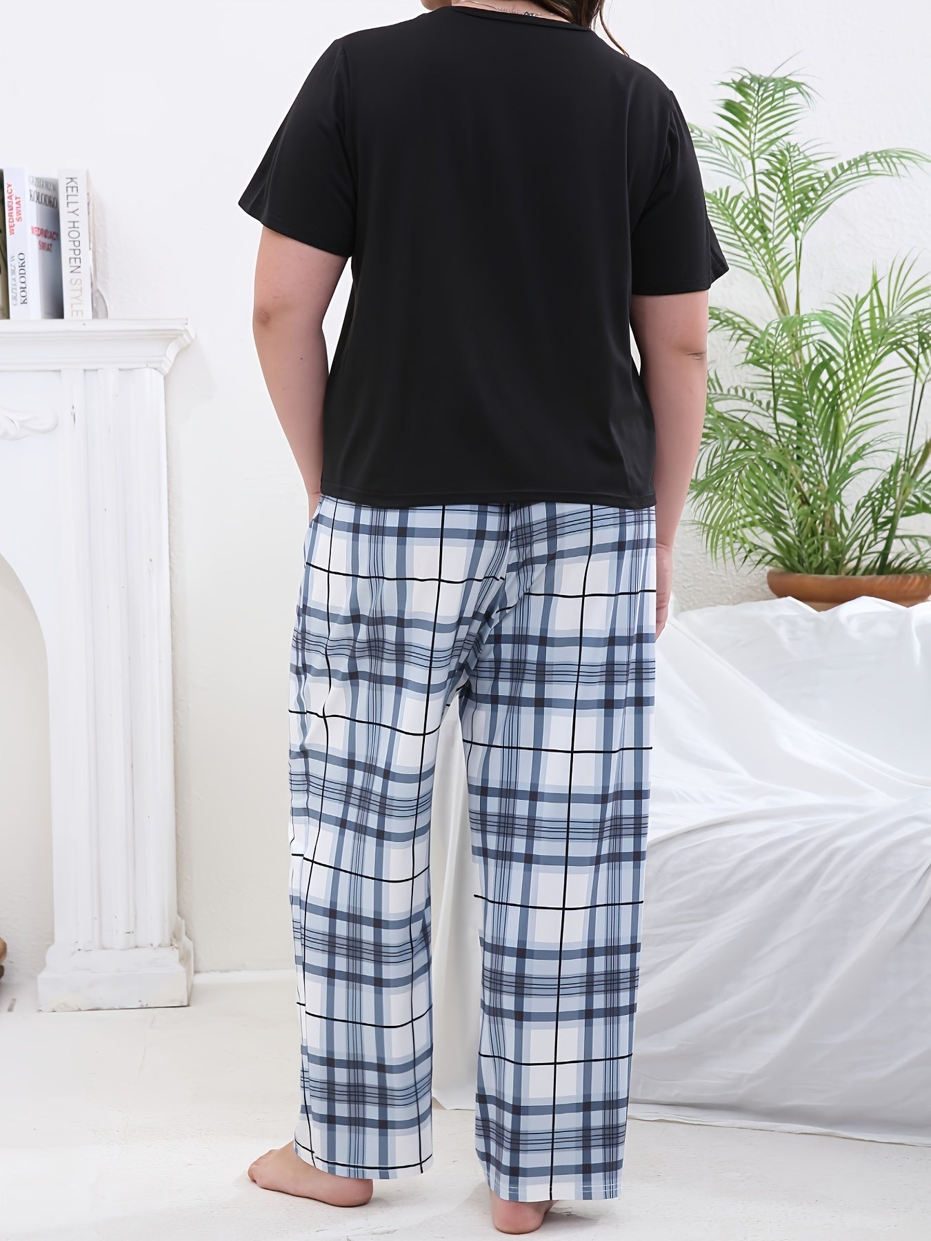  Plaid Print Tee & Pants Lounge Set - Women's Casual 2 Piece