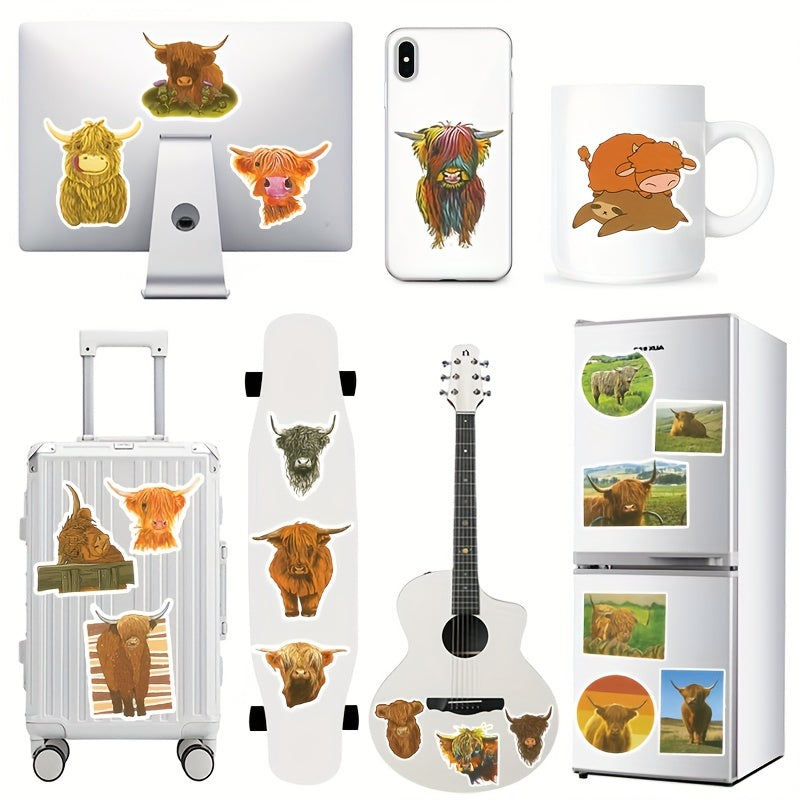 50pcs Highland Cow Cartoon Stickers For Motorcycle Helmet Water Cup