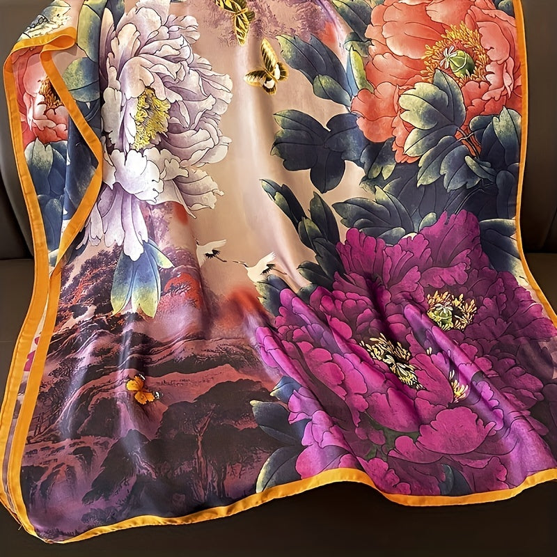 Vintage Crane Flower Print Scarf Satin Shawl Silk Head Wrap