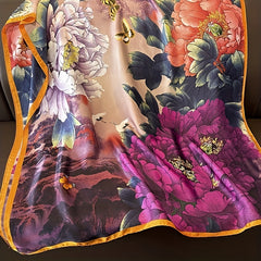 Vintage Crane Flower Print Scarf Satin Shawl Silk Head Wrap