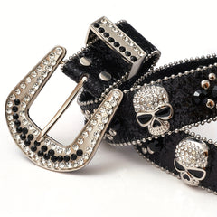 Skull Rivet Rhinestone Belt Hip Hop PU Leather Western Cowboy Cowgirl Bling Belt