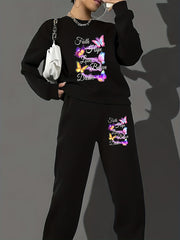 Plus Size Butterfly & Art Letter Print Sweatshirt & Jogger Sweatpants Set