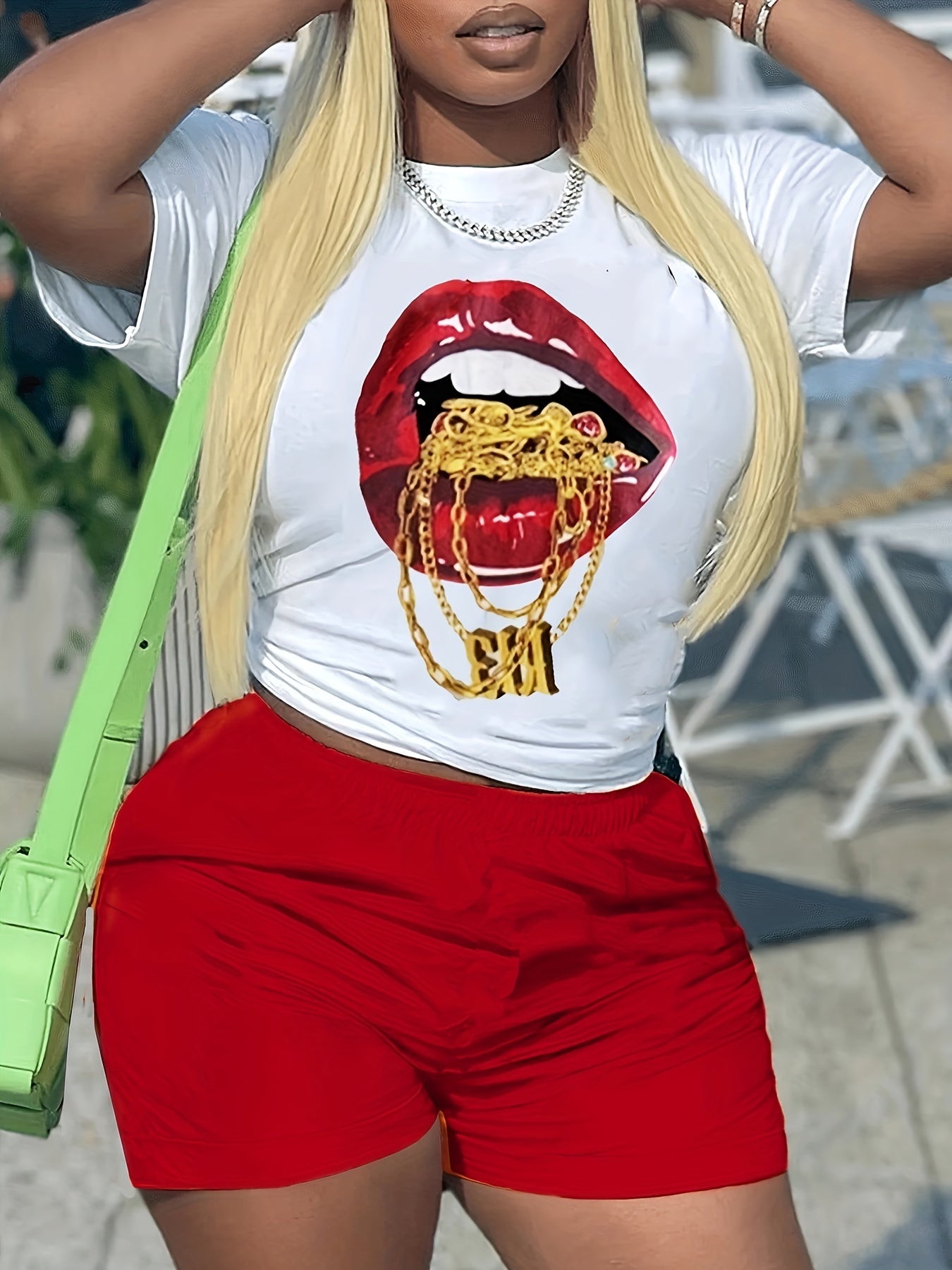 Women's Plus Red Lip Print Top & Shorts Set