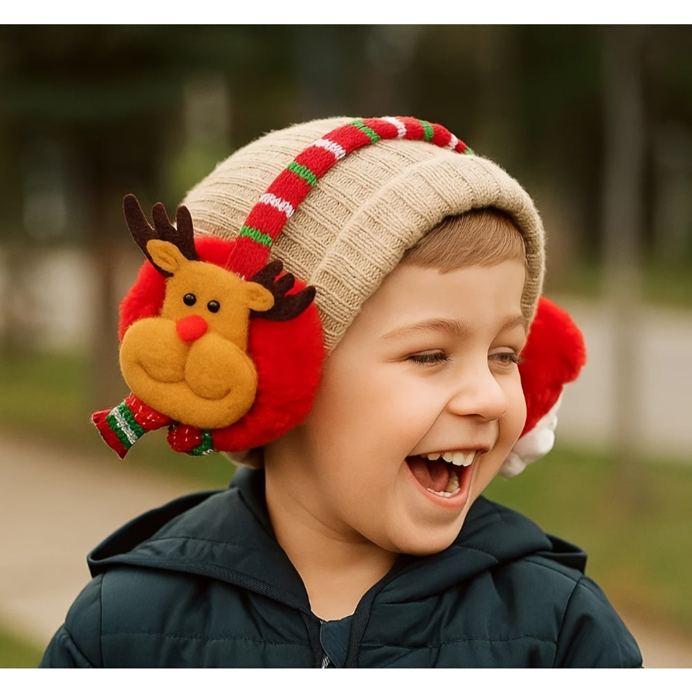 3pcs Christmas Earmuffs Santa Hat Decorations Reindeer Snowman Red Green