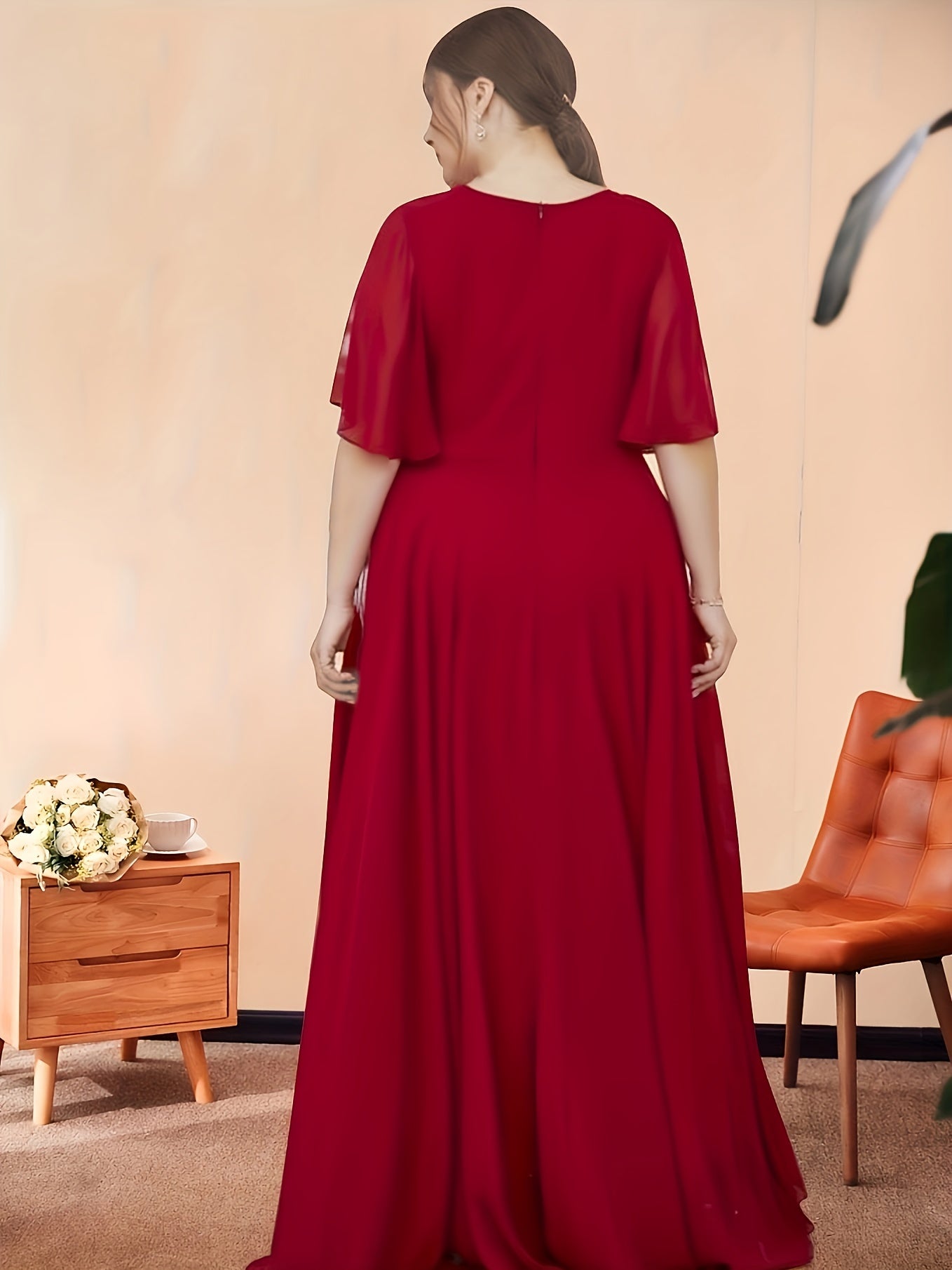  Bridesmaid Dress Solid Ruffle Sleeve V Neck Maxi Formal Party Dress