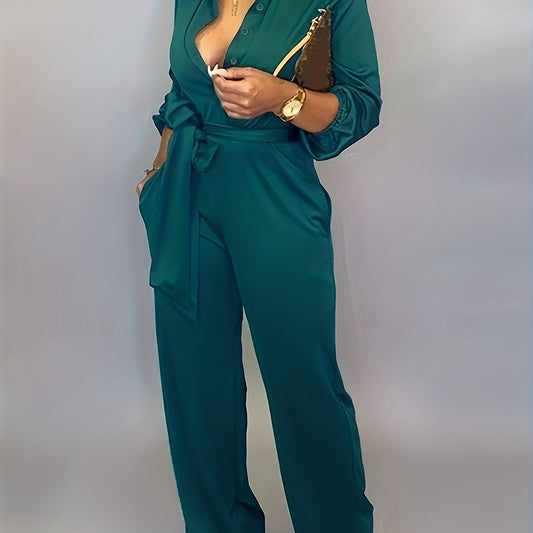 Solid Button Belted Jumpsuit Casual Long Sleeve Jumpsuit