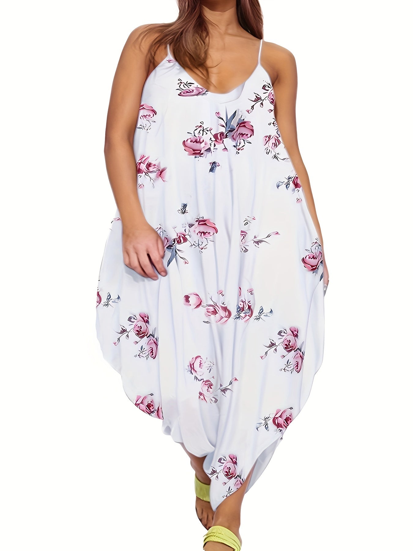 Women's Plus Floral Print V Neck Cami Jumpsuit