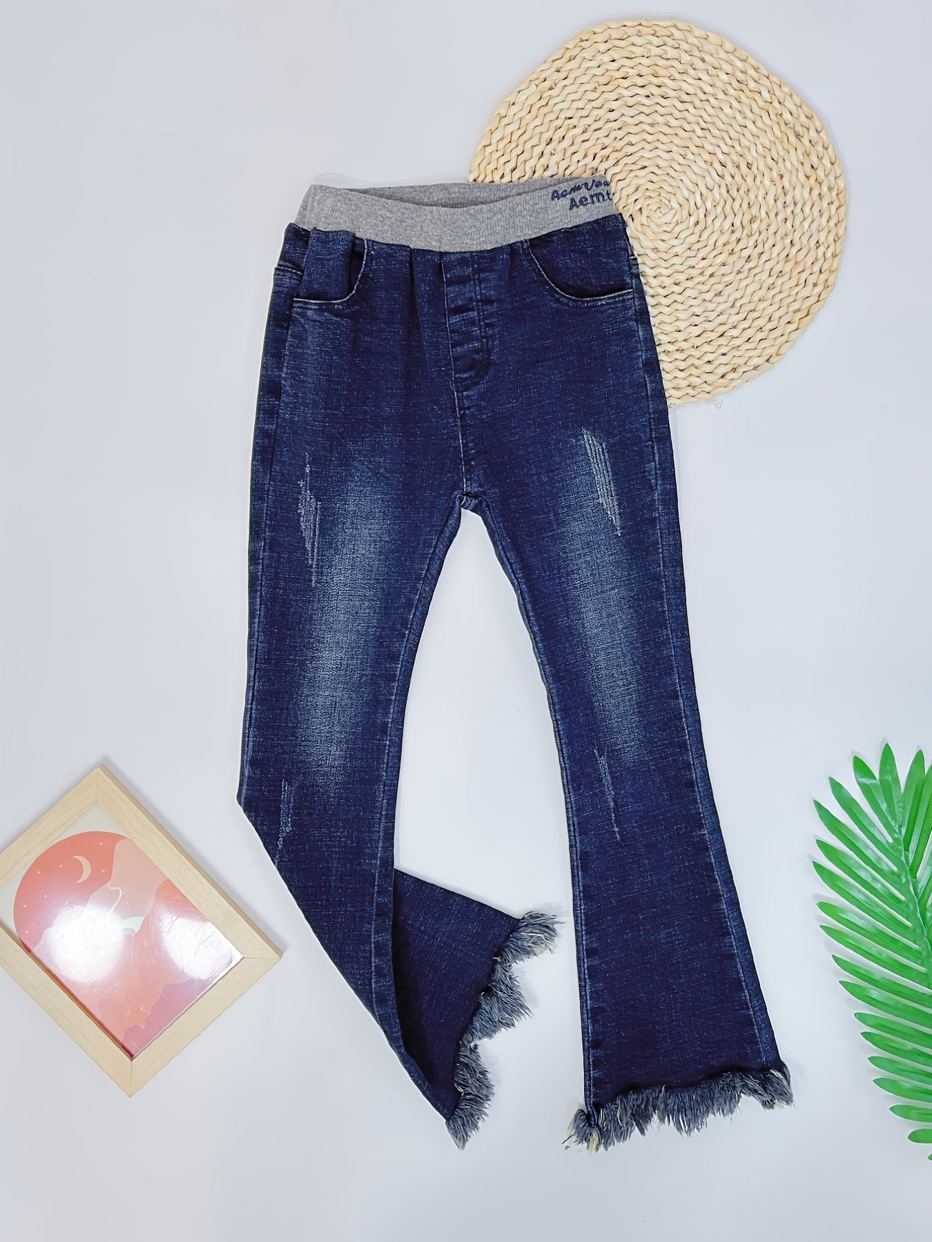 Girls Flared Jeans Denim Pants Elastic Waistband