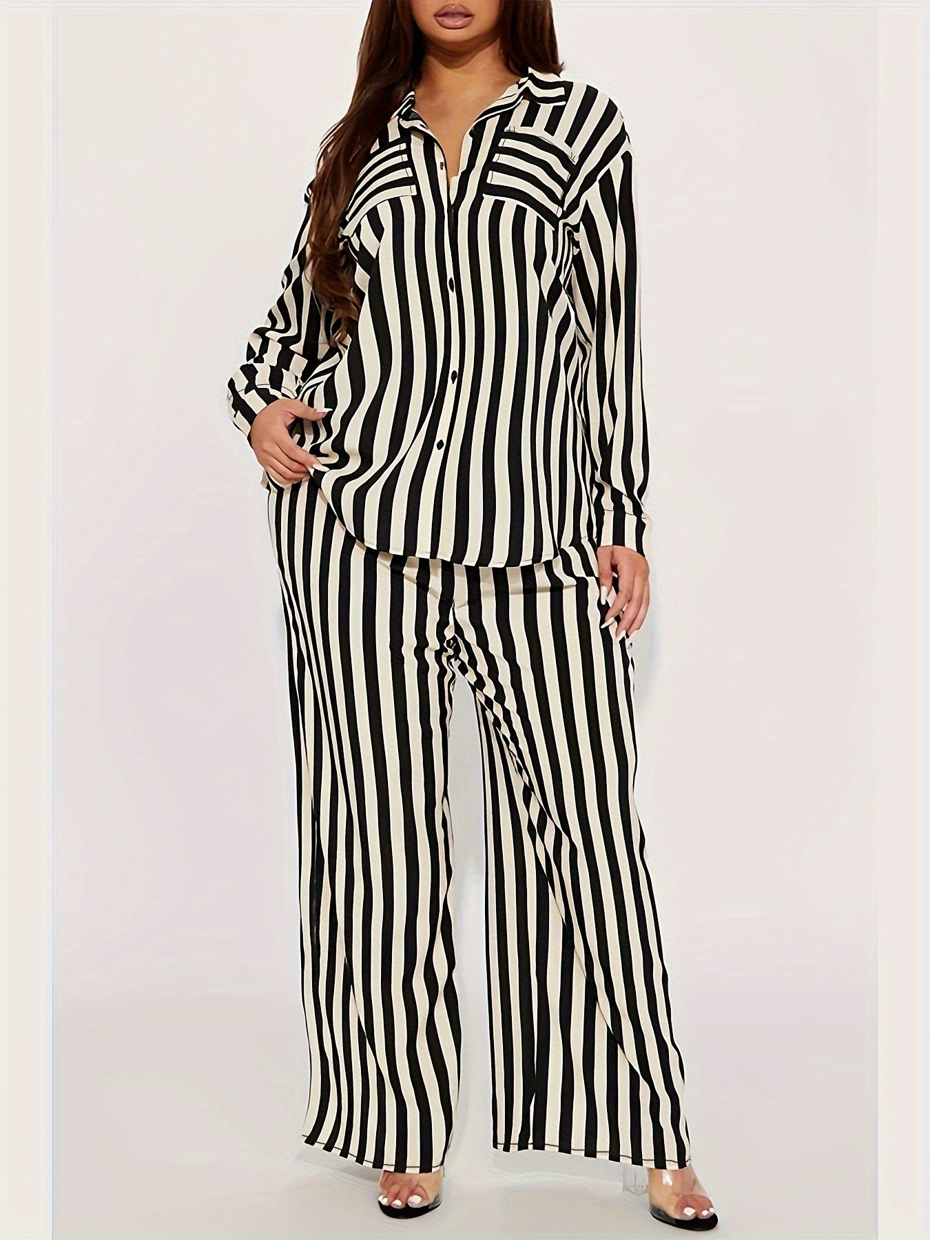  Stripe Print Blouse & Pants Outfits 2 Piece Set
