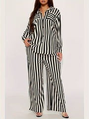  Stripe Print Blouse & Pants Outfits 2 Piece Set