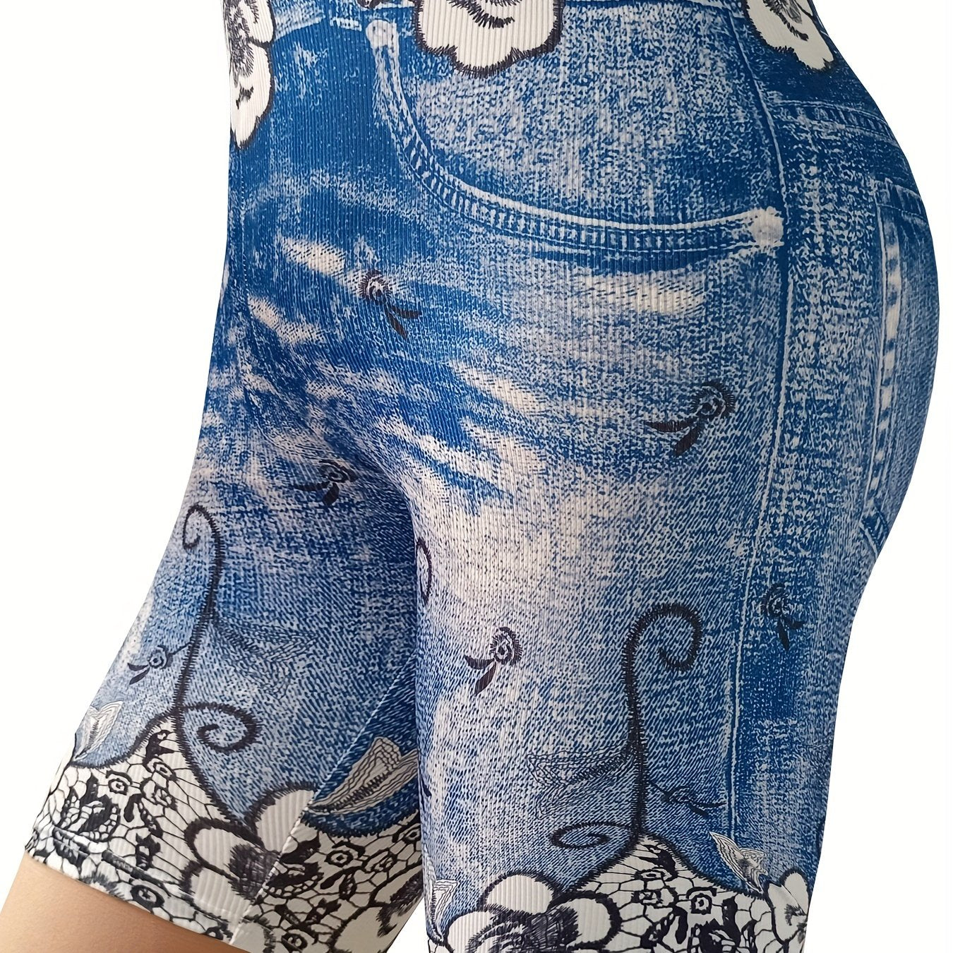 Women's Plus Denim & Floral Print High Rise Skinny Shorts