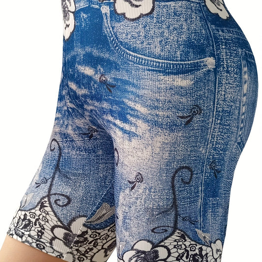 Women's Plus Denim & Floral Print High Rise Skinny Shorts