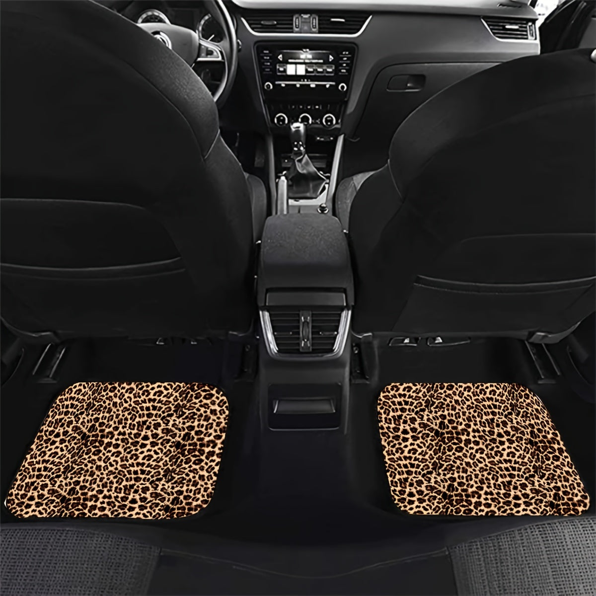 4pcs Leopard Print Car Seat Floor Mats Brown Front Rear Seat Pads