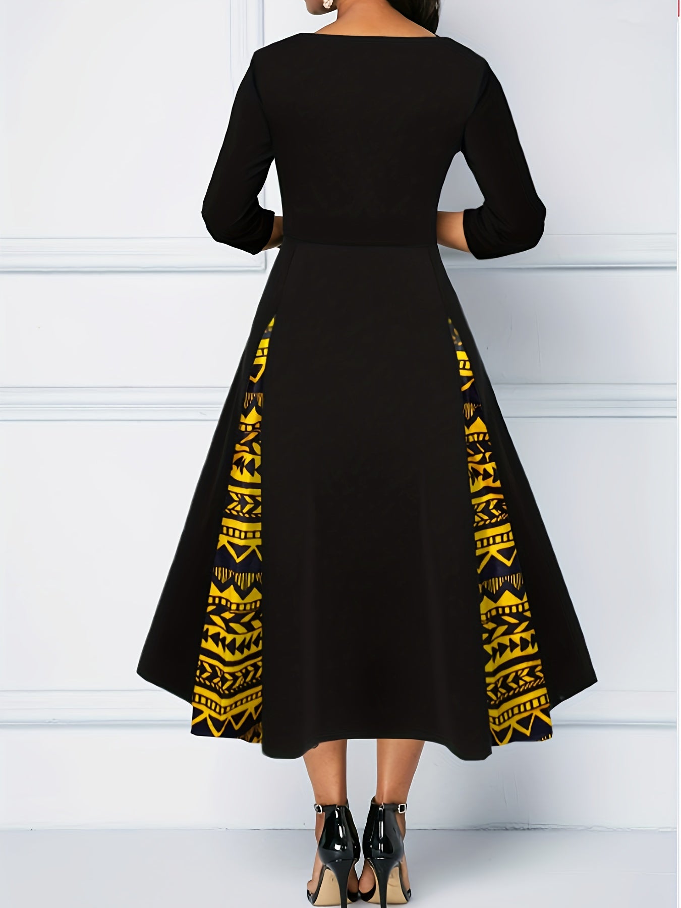  Colorblock Geometric Print A line Maxi Dress
