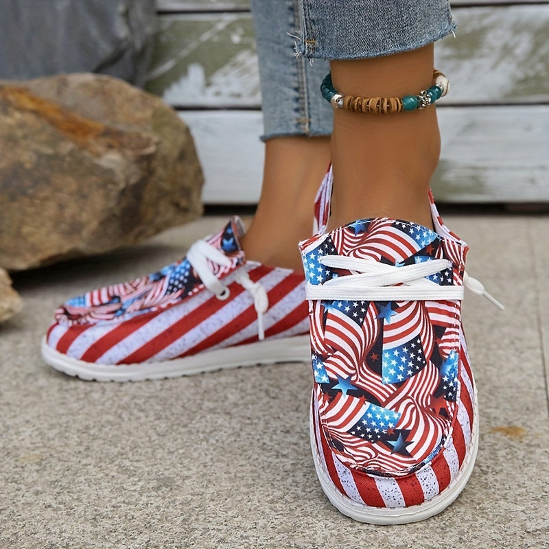 Women's Flag Pattern Canvas Loafers Lace Up Slip On Low Top Flat Shoes