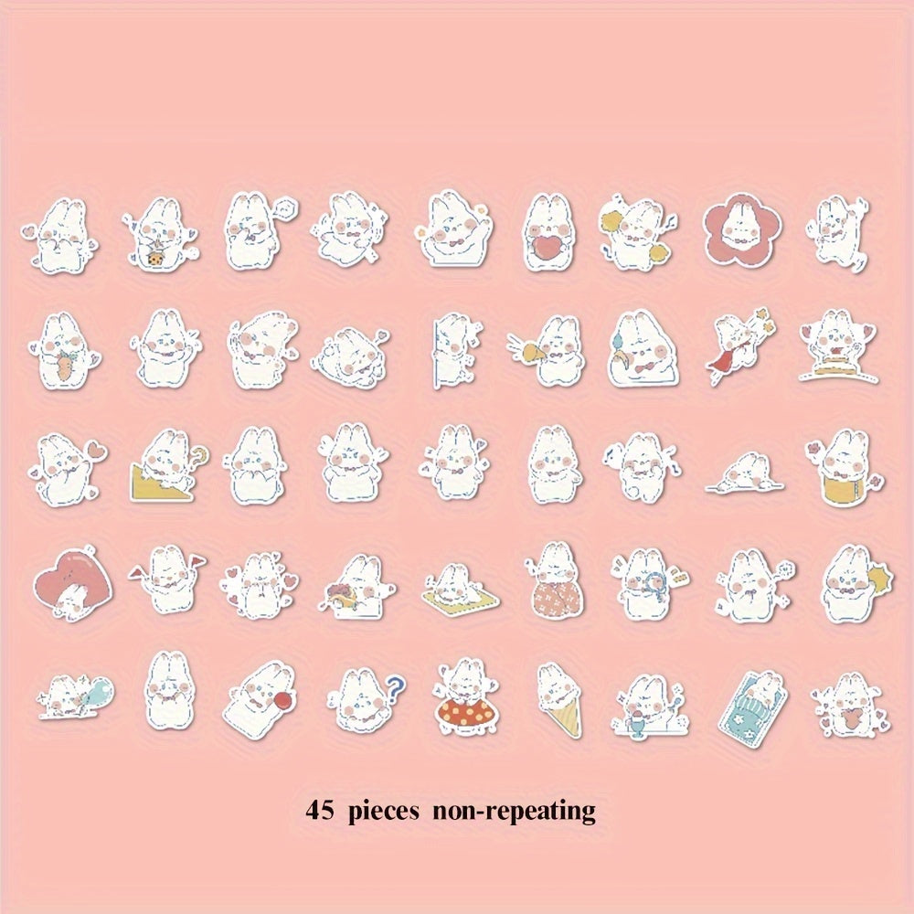 45pcs Non-Repeating Cartoon Stickers - Rabbit, Cat, Seal - 4.1x4.1 Inches