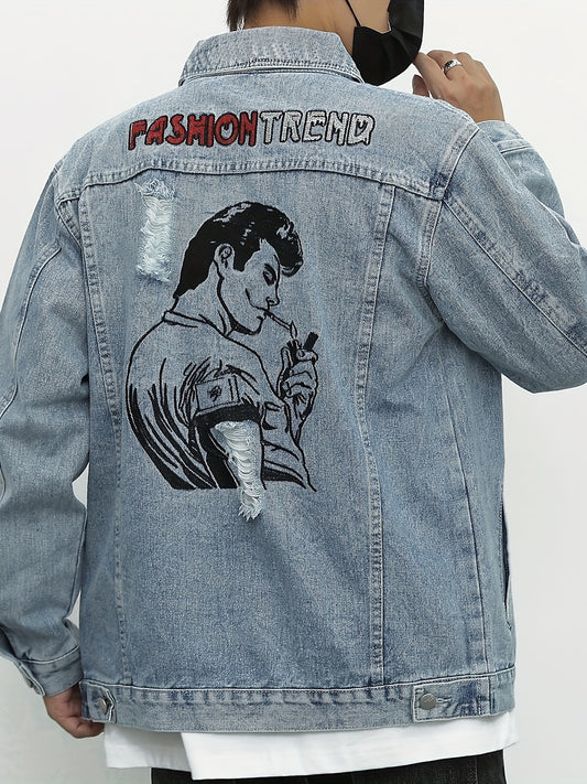 Graphic Print Denim Jacket Men's Casual Lapel Street Style Denim Jacket