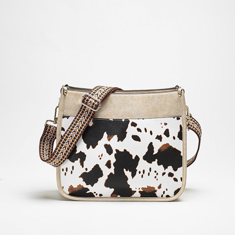 Cow Pattern Shoulder Bag Faux Leather Crossbody Bag with Vintage Strap