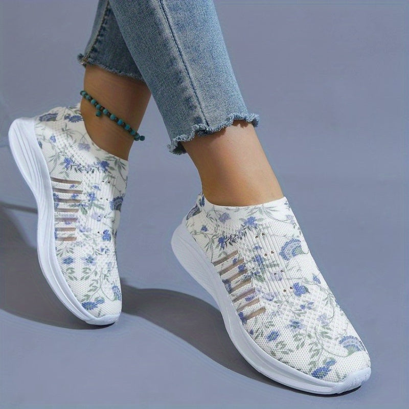 Floral Pattern Knit Sock Sneakers Lightweight Slip On Sports Shoes
