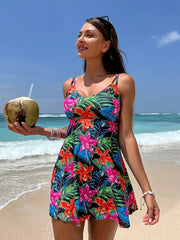  Tropical Print Cami Top & Solid Panty Swimsuit Set