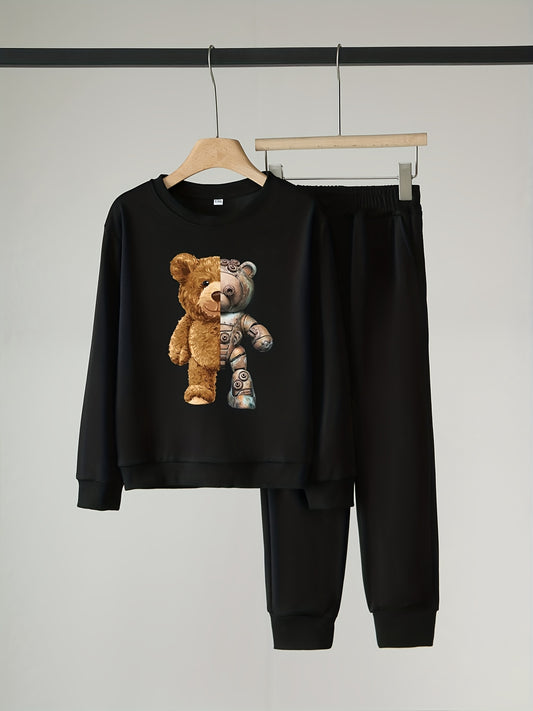 Bear Robot Pattern Boy's 2pcs Sweatshirt & Sweatpants Set for Spring Fall