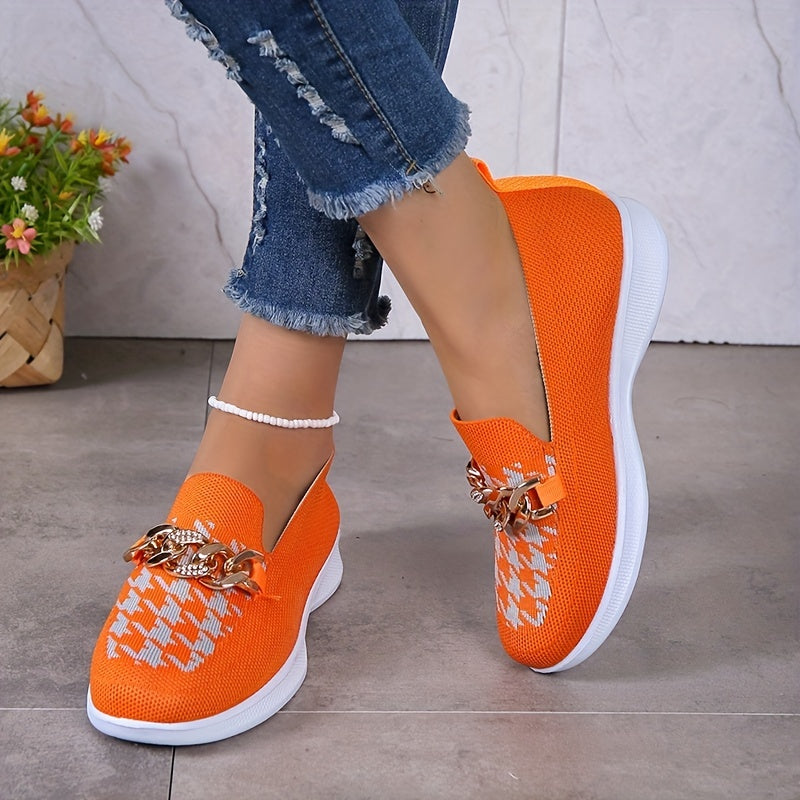 Rhinestone Chain Sneakers Houndstooth Low Top Platform Knit Shoes