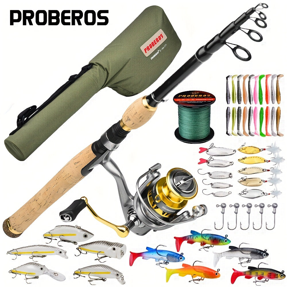 PROBEROS Fishing Tackle Set Spinning Reel Rod Line Lures Hooks Bag