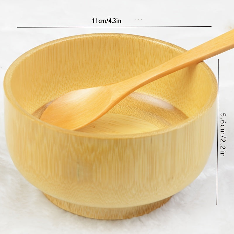 1pc Bamboo Wooden Bowl Safety Striped Bowl Outdoor Camping Picnic Tableware