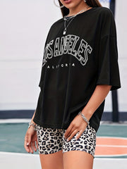 Letter Print T shirt & Leopard Print Shorts Set Women's Outfits