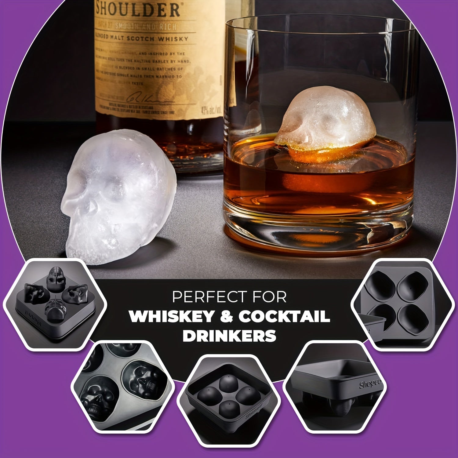 Skull Ice Cube Mold Tray for Whiskey Drinkers Bartenders