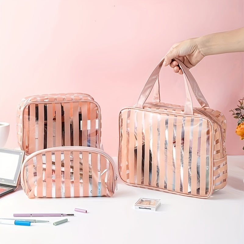 3Pcs Stripes Pattern Makeup Bags Kit Portable Waterproof Travel Organizer