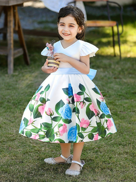 Rose Graphic Bow Tutu Dress for Toddler Girl