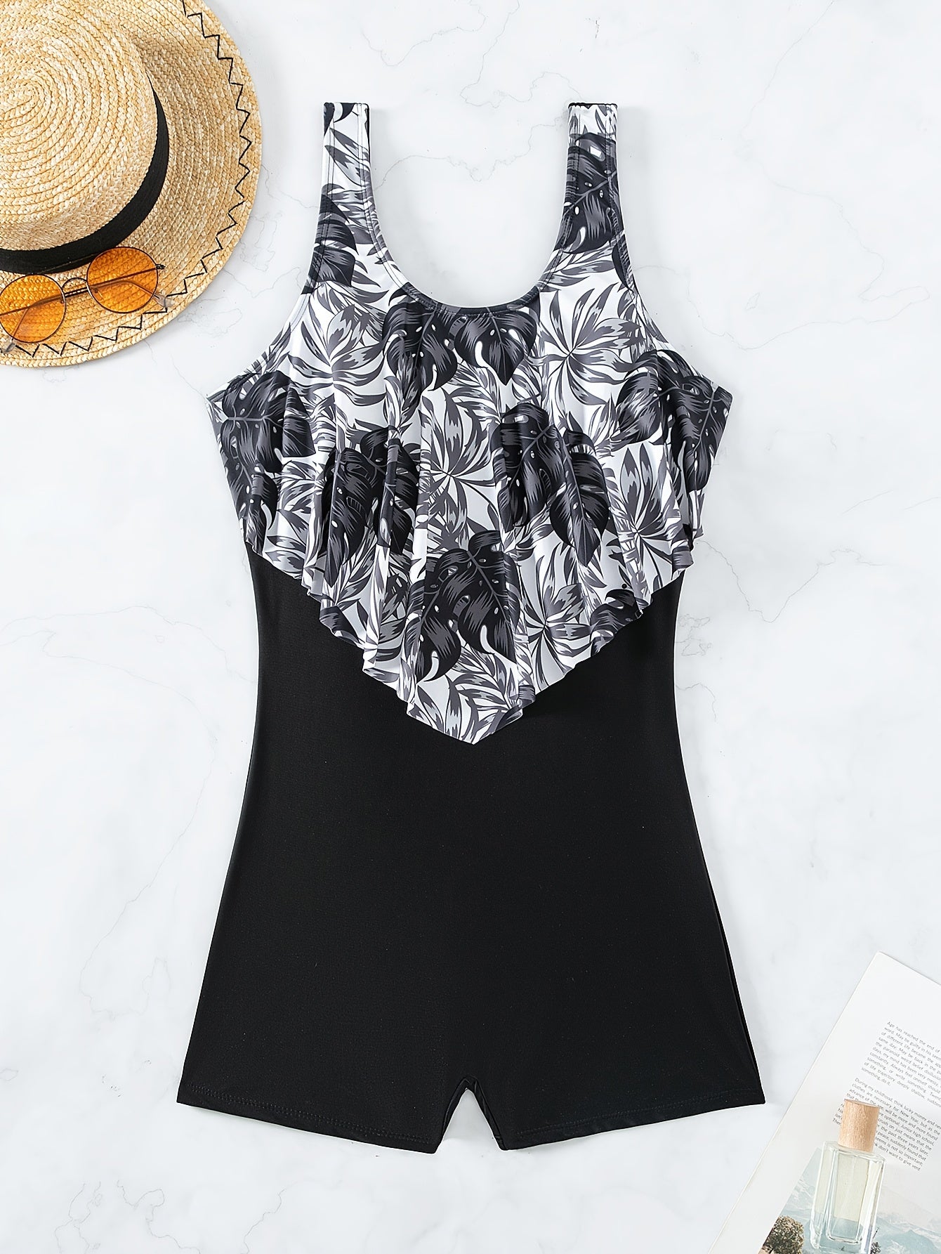 Tropical Palm Leaf Print Ruffle One Piece Swimsuit