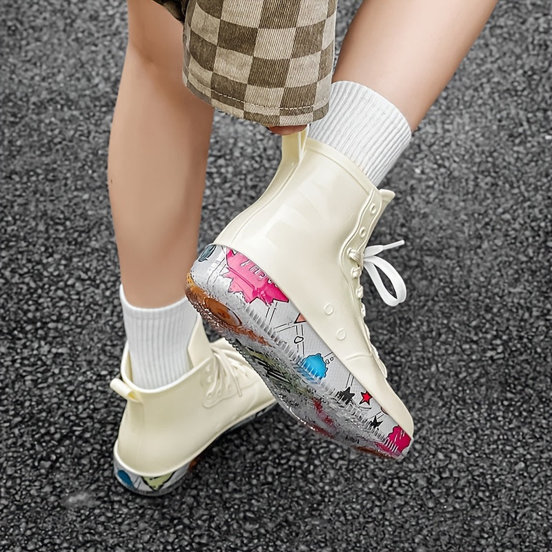 Women's Waterproof Rain Boots Lace Up High Boots
