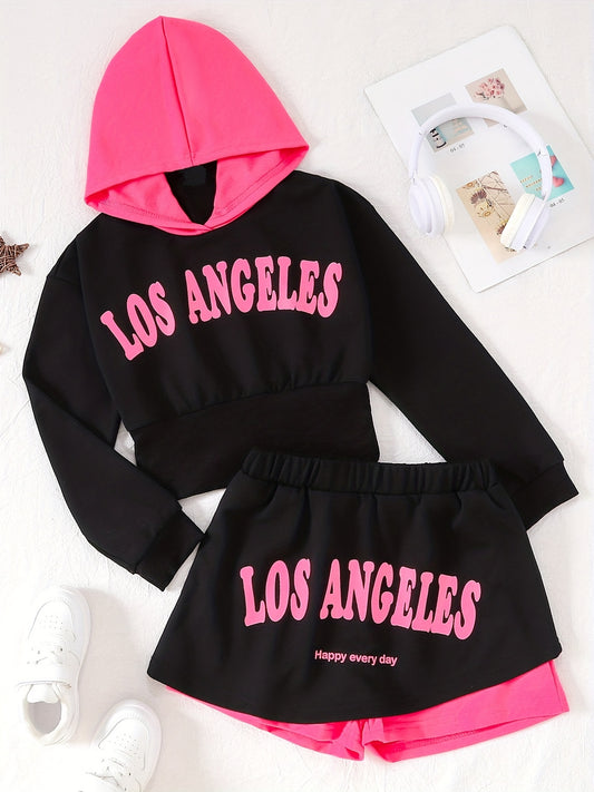 Girl's Hoodie & Sporty Style Skirt Set with Print - Kid's Clothes