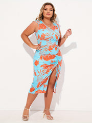  Floral Print Ruched Midi Tank Dress