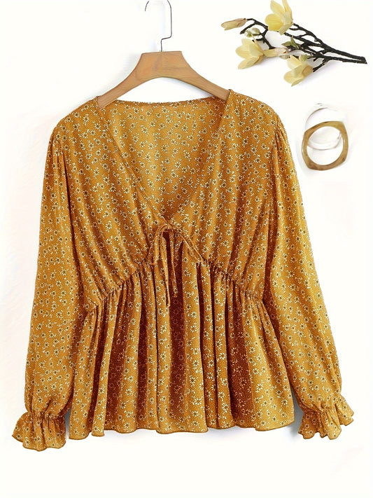  Boho Blouse Women Ditsy Floral Tie Front Flounce Sleeve Peplum Top