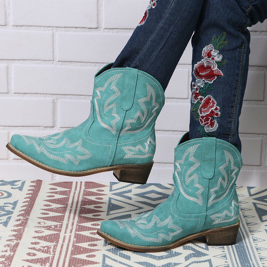 Women's V Cut Western Short Boots Low Chunky Heel Pointed Toe Shoes
